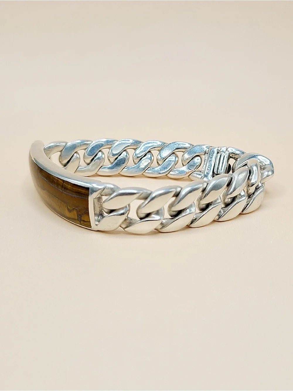 David Yurman Curb Chain ID Bracelet In Sterling Silver With Tiger’s Eye